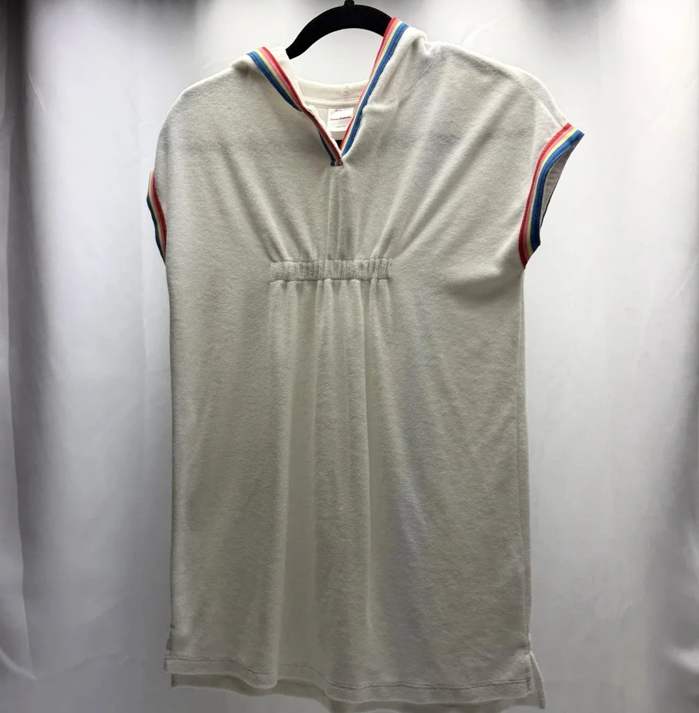 Hanna Andersson Hooded Terry Dress size 130 (8) White Rainbow Trim Swim Cover Up